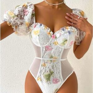 Coquette Milkmaid Corset Puff Sleeve Bustier Floral Embroidered Lace Bodysuit